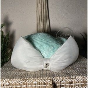 Vintage 70s 80s Famous Millinery Rhinestone Bow Feather Womens Fashion Teal Cap